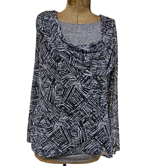 Ella Rafaella Tops - Ella Rafaella Blouse Womens Size 1X Black White Cowl Neck Top Abstract Print